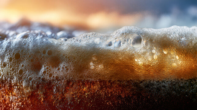 Craft beer brewing process in homemade rustic brewery. Close-up of frothy craft beer with bubbles and rich amber color, showcasing homemade brewing process in a glass