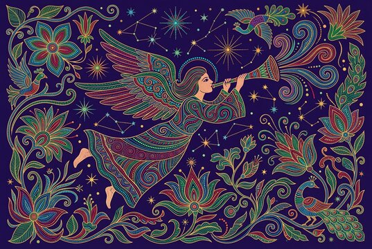 Angel Blowing Trumpet Among Stars And Flowers Gond Dot Art