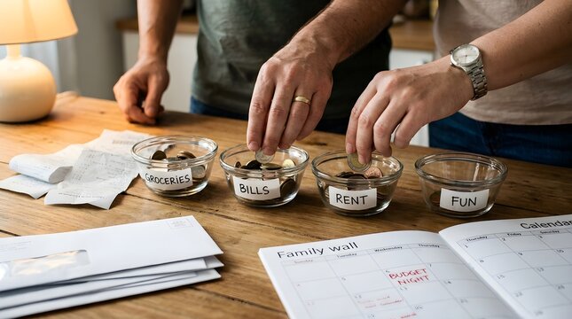 Close up of hands sorting coins into labeled glass jars for budgeting