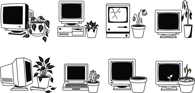Retro Vintage Computer and Houseplant Vector Icon Set with Glitch Broken Screen and Wilted Flower Elements