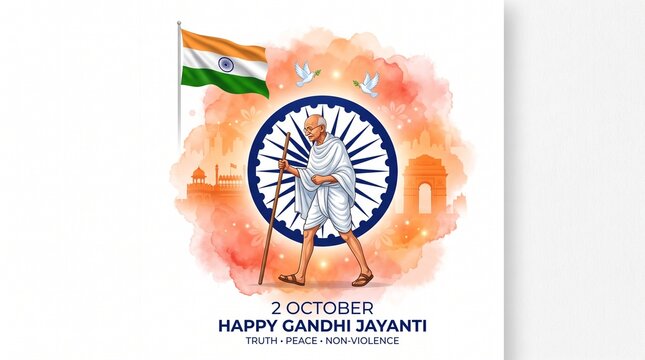 Happy Gandhi Jayanti social media post banner with illustration of Mahatma Gandhi walking, waving Indian flag, flying peace doves, and Ashoka Chakra on a colorful watercolor splash.
