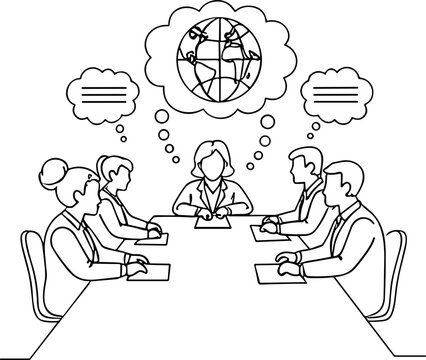 Global business meeting, teamwork, world map in thought bubble