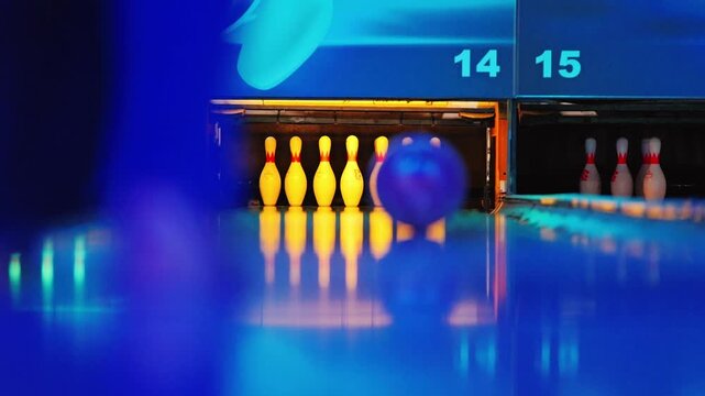 Colorful Bowling Lane Scene With Last Second Gutter Ball in Slow Motion