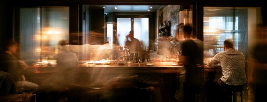 Blurred bar scene with people socializing at counter in dim lighting  