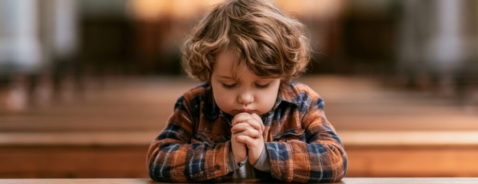 Child boy praying with hands clasped sitting in church pew  