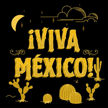 Viva Mexico, a template for celebrating Mexican holidays or events. Vector design in gold on a black background, perfect as a resource for invitations and festive decorations for creative projects.