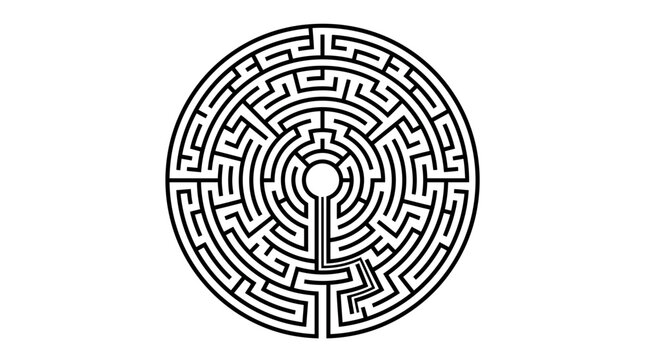 Circular black and white labyrinth maze puzzle on white background