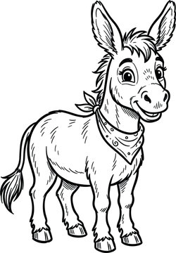 Cute cartoon donkey sketch vector illustration isolated on white background smiling baby burro mascot character hand drawn monochrome farm animal line art graphics