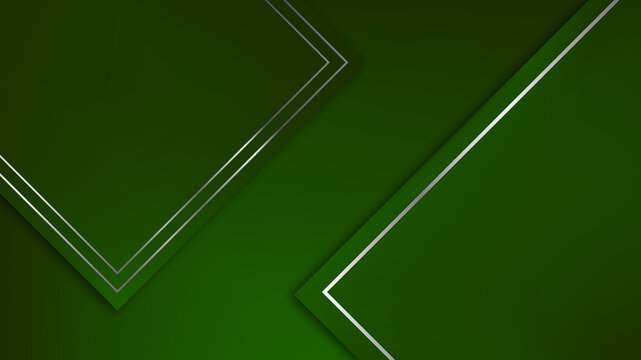 Abstract green geometric background with glowing silver line frames and layered paper cut style