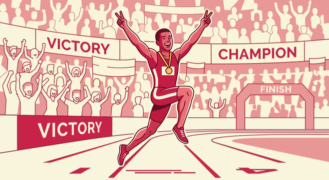 Celebratory Athlete Wins Race Crossing Finish Line With Medal And Cheering Crowd