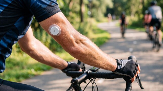 Cyclist riding with continuous glucose monitor CGM sensor on arm