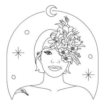 Minimalist outline drawing of a feminine face with botanical elements and celestial background.