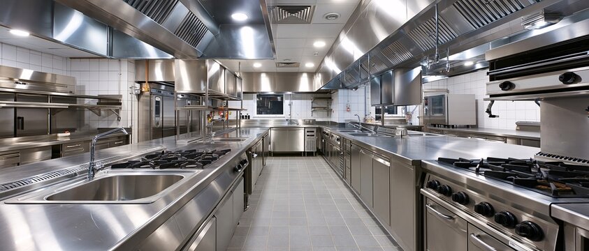 Modern stainless steel commercial kitchen with industrial appliances and large ventilation systems