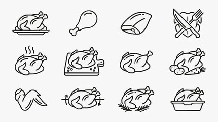 Obraz premium Clean Black and White Line Drawing Icons of Various Chicken Dishes and Preparation Methods with high quality professional line art symbols for modern creative design and digital branding projects