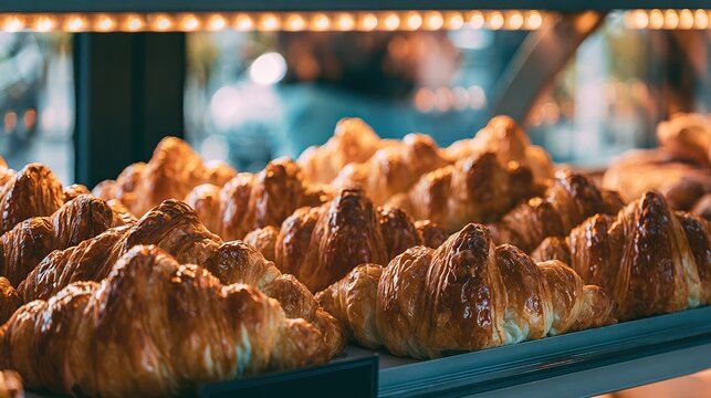 Croissants in bakery display case golden layers
