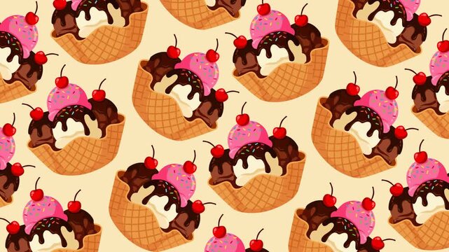 Delicious seamless pattern featuring waffle bowls filled with chocolate, vanilla, and strawberry ice cream, topped with cherries and sprinkles.