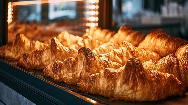 Croissants in bakery display case golden layers