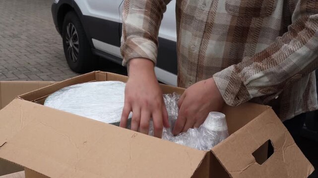 Person in plaid shirt packs wrapped products into a cardboard box, reusing old bubble wrap for eco conscious order fulfillment.