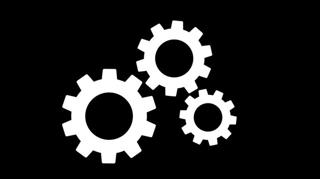 3 white gears rotating animation. white gears spinning animation. Video 4k cogwheel gear icon logotype rotating animation. 