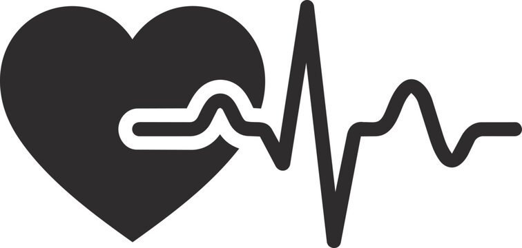 Black silhouette icon of a heart with an ECG heartbeat line, perfect for cardiology logos, fitness apps, medical dashboards, and heart health campaign graphics