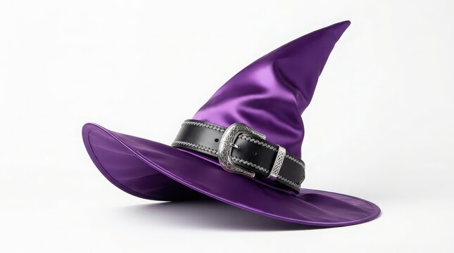 Vibrant Purple Witch Hat with Decorative Silver Buckle on White Background