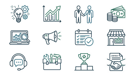 Fototapeta premium Dynamic Business Growth and Success Icons Set Minimalist Line Art Illustrations in Green and Blue