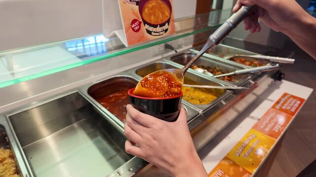 Serving Spicy Korean Tteokbokki Rice Cakes at a Cafeteria Buffet