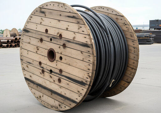 Large industrial cable spool on wooden reel at construction site