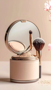A compact powder foundation with a mirror and makeup brush