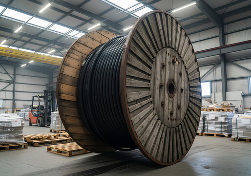 Industrial cable reel stored in modern warehouse interior