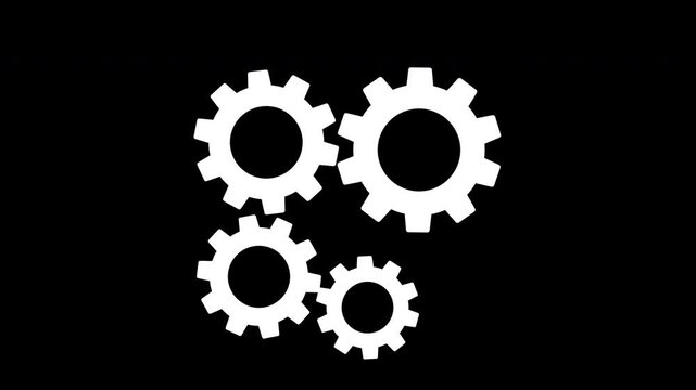 Four white gears animation to symbolize teamwork, mechanisms, engineering, technology, and industry processes.. Animated gears icon spinning
