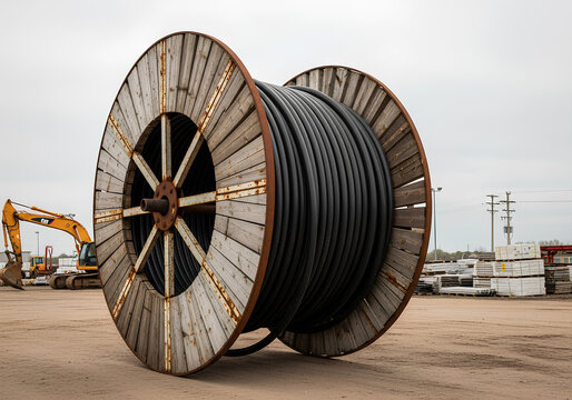 Massive cable drum with black electric wire in an industrial yard