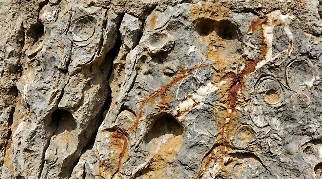 Rock formation with fossilized shells and holes
