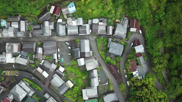 Aerial drone footage of traditional Japanese village in Utsu no Ya, Shizuoka