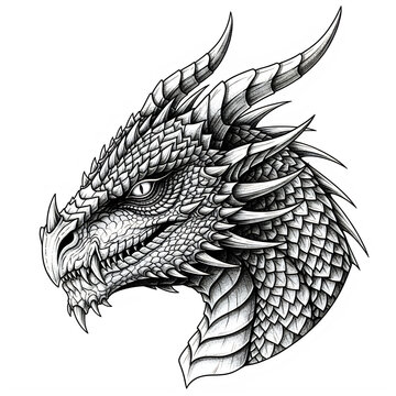 Detailed dragon head illustration in black and white isolated on transparent background