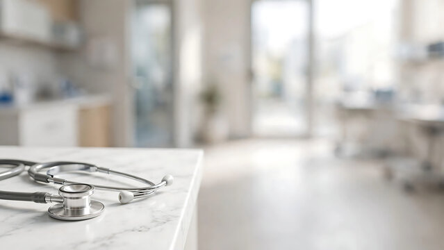 Professional medical stethoscope on a white marble surface with a blurred healthcare clinic interior background
