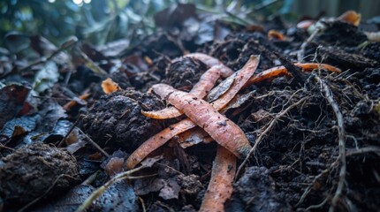 Fototapeta premium Low-angle close-up of damp compost layered with curled vegetable peel ribbons, dark leaf litter, fibrous roots and broken stems, capturing active organic decay in a cool shaded garden setting