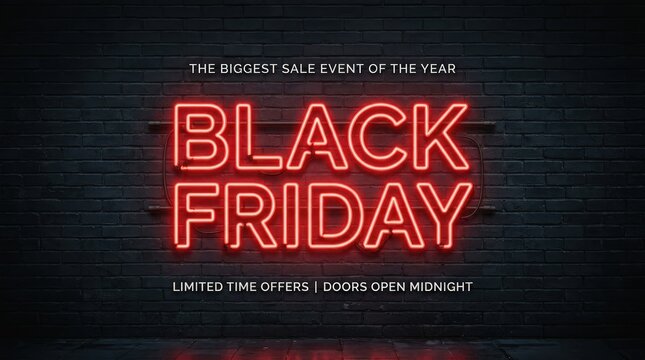 Black Friday Neon Sign on Brick Wall with Sale Event Text