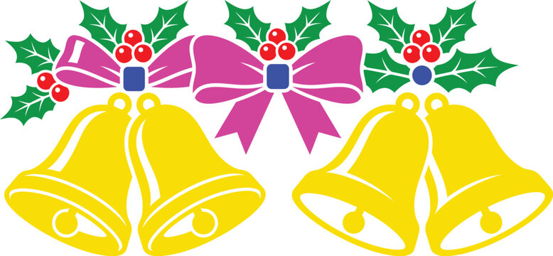 Christmas bells with holly and bows colorful vector illustration