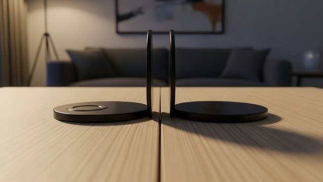 Modern Black Bookends on a Wooden Table in a Living Room