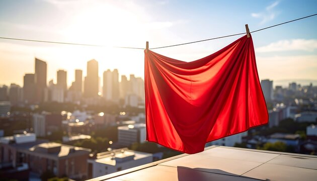 Red cloth drying on a clothesline in the city sunlight