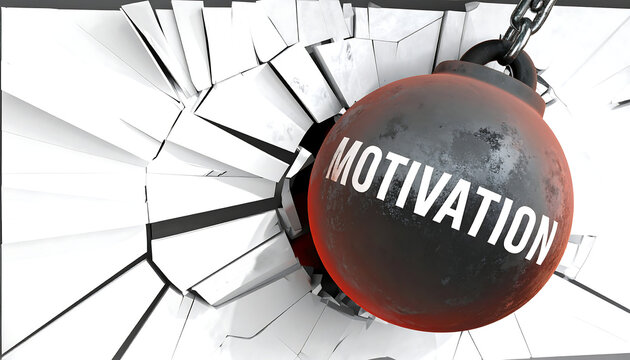 Red round metal labeled MOTIVATION smashing through a white wall
