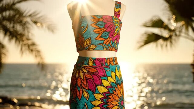 Eye-level view of a colorful floral-patterned crop top and skirt set displayed on a mannequin with a beach sunset backdrop