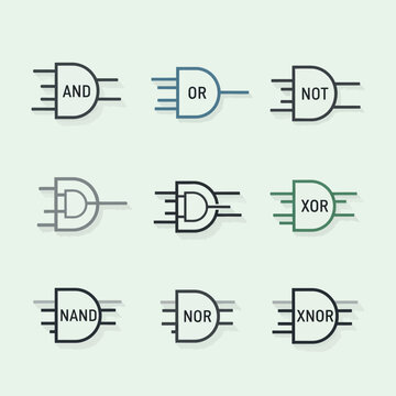 Digital Logic Gates Icons: AND, OR, NOT, NAND, NOR, XOR, XNOR