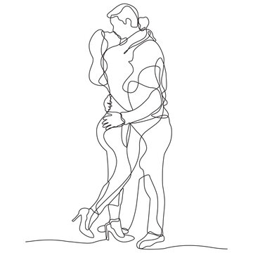Continuous line art of a romantic couple hugging and kissing.