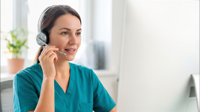 Healthcare professional consulting with headset and microphone at office workstation, providing remote medical support and customer service.