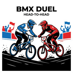 Obraz premium BMX Riders Compete Fiercely In A Dramatic Head To Head Duel Race On An Outdoor Track
