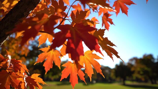 Close-up of bright orange maple leaves in autumn with sunlight lens flare. Perfect for fall season themes, nature, outdoor beauty, and seasonal background concepts.