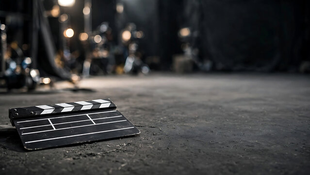 Cinematic Movie Clapperboard Lying on Concrete Floor with Blurred Film Studio Background