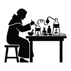 Fototapeta premium Alchemist at table icon Silhouette Vector black design on a white background
